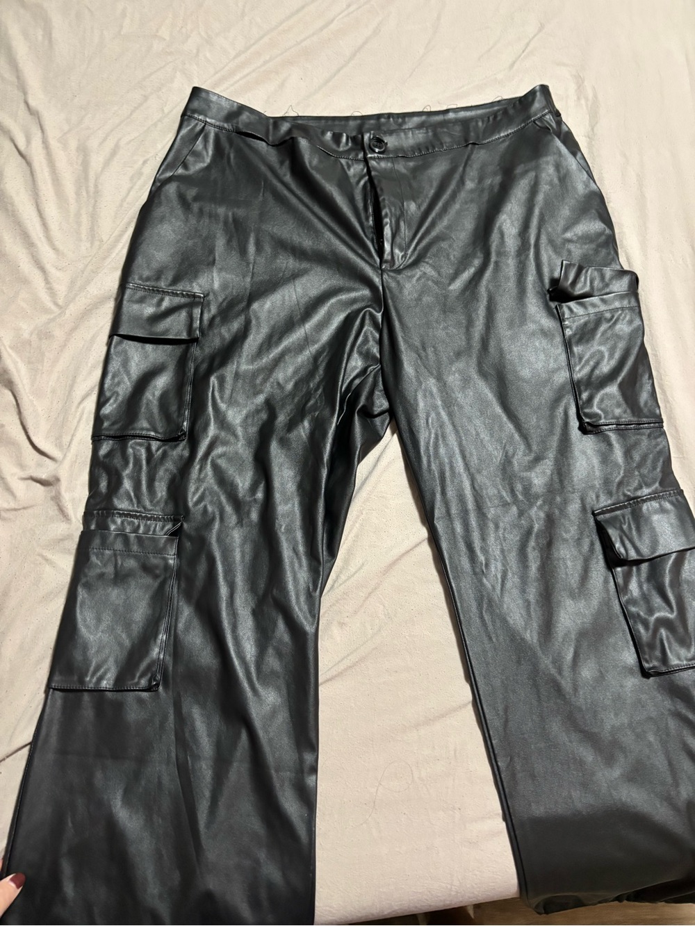 Black Faux Leather Cargo Pants - Sleek Women's Style